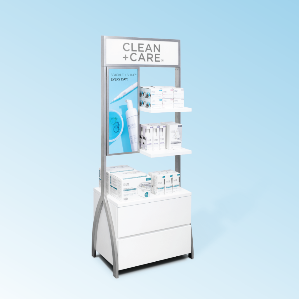 Retail display fixture with Clean + Care products